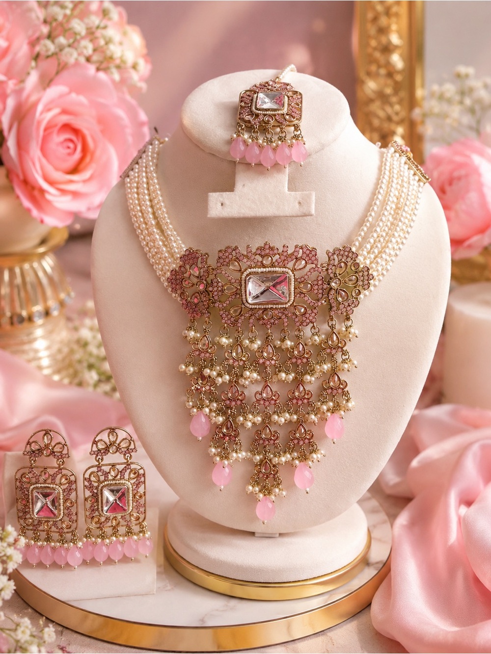 Elegant Pink Pearl Chandelier Necklace Set - Brand